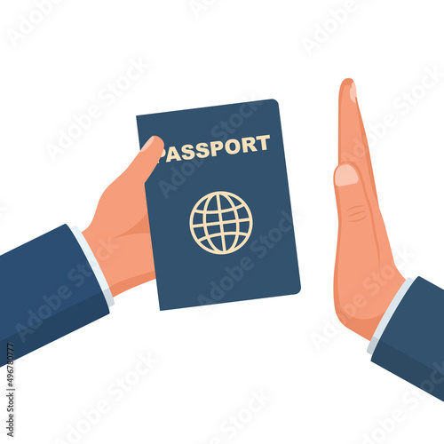 Border control. Passport control. Man gives an identification document to verify. Failure to cross into another country. Vector illustration. No sign. Rejection gestures.