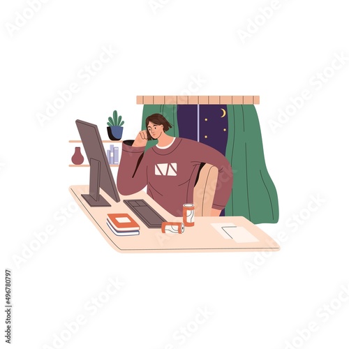 Person studying and working online at computer at night. Student staying up late with PC and energy drinks to prepare for exam via internet. Flat vector illustration isolated on white background