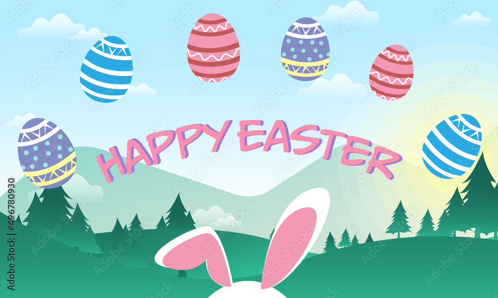 happy easter day bunny rabbit ears colorful eggs mountain happy easter day bunny rabbit ears colorful eggs mountain