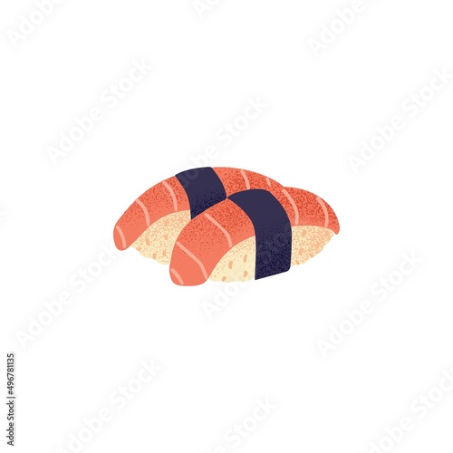 Nigiri with rice ball and salmon, wrapped in nori strip. Asian seafood with red fish. Japanese sushi food. Traditional Japan cuisine. Flat vector illustration isolated on white background