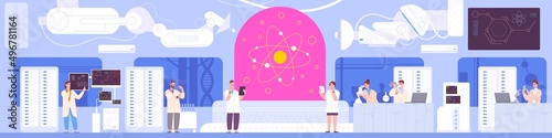 People in researching lab. Research chemical laboratory, medical scientist do analysis genetic innovation, biology experiment or chemistry engineering, splendid vector illustration