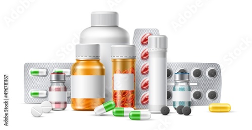Realistic medications. Pill foil blisters and plastic bottles. Ampule with prescription drugs. Tablets and antibiotics. Different remedy package. Vitamins and painkillers. Vector concept