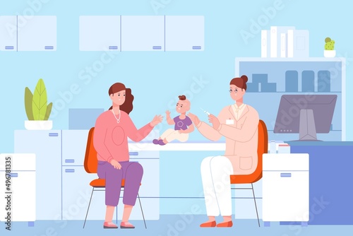 Infant vaccination. Vaccine baby and mom, doctor pediatrician cure kid polio or influenza injection, toddler in medical healthcare office, vector illustration