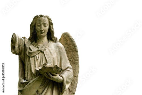 Death concept. Angel with a broken wing as symbol of pain, fear and end of human life. Fragment of an ancient statue isolated on white background.