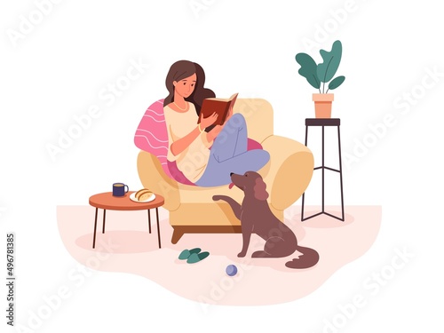 Woman with book in armchair. Rest in cozy sofa apartament, women hobby study read books, comfort home relax, vector illustration