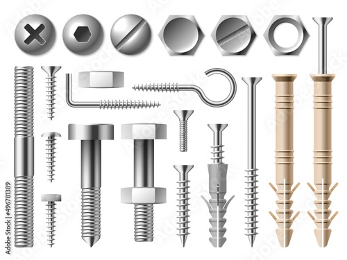 Realistic steel nut. Metal 3D fasteners. Different types bolts and self-tapping screws. Nail caps top view. Metallic hooks. Build and repair tools. Vector chrome joinery elements set
