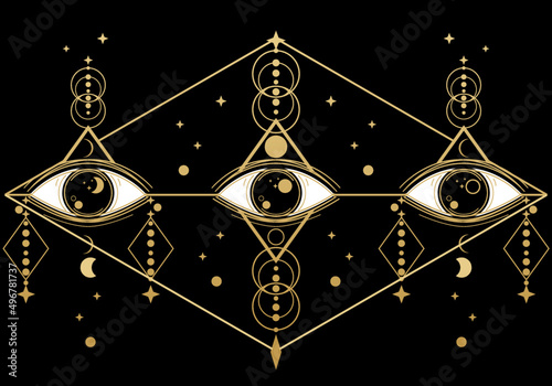 Eye of Providence , All seeing eye of god with moon and stars on black background mysterious magic spell talisman tattoo icon flat vector design.