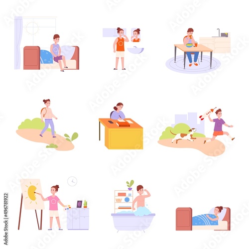 Kids everyday activities. Daily child actions cartoon collection, day time children schedule, study school exercise sleep night bathroom hygiene active playing, vector illustration