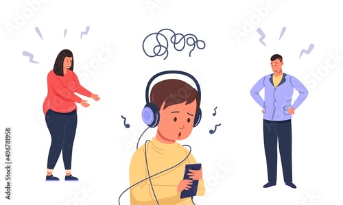 Parents misunderstanding. Sad teenager and scolding parent, troubled teenagers ignoring mom dad, children bad behavior angry family parenthood problem, vector illustration