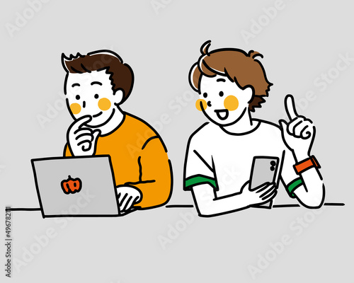 IT企業に勤める若い男性同僚二人がミーティングをしてアイデアを出しているイラスト