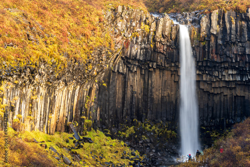 Svartifoss waterfall in Skaftafell National Park with tourists  Iceland.