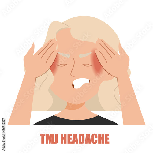 TMJ headache vector isolated. Illustration of a woman suffering from headache caused by TMJ disorder. Tension pain.