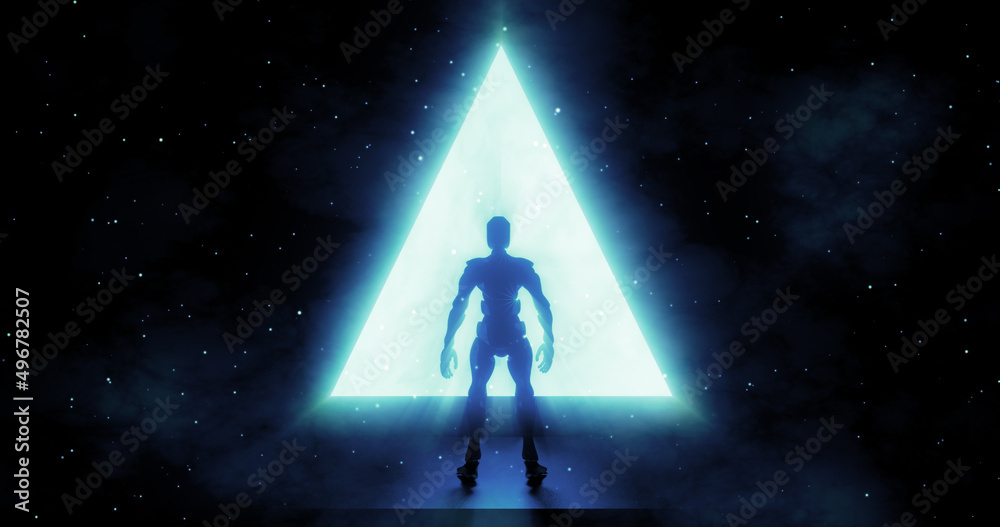 Abstract minimal background. Blue triangular glowing Portal. Silhouette of robot standing in front of futuristic architectural entrance. Fantasy cosmic landscape. Dark space concept. 3d render 