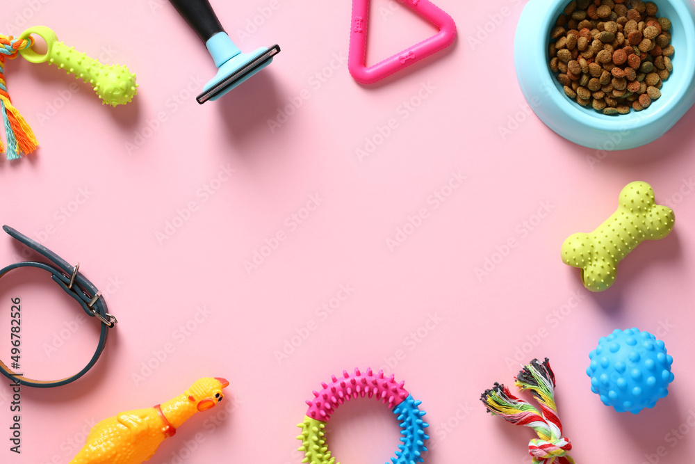 Flat lay composition with pet accessories, toys, feed on pink table. Pet  care, training, grooming concept. Pet shop banner mockup. Stock Photo |  Adobe Stock