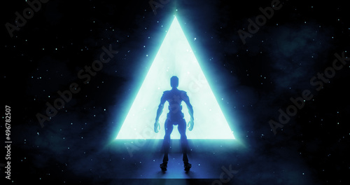 Abstract minimal background. Blue triangular glowing Portal. Silhouette of robot standing in front of futuristic architectural entrance. Fantasy cosmic landscape. Dark space concept. 3d render  © Firnthirith