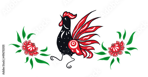 Rooster in flowers - Gorodets painting in vector.Red black rooster in flowers hand drawn sketch