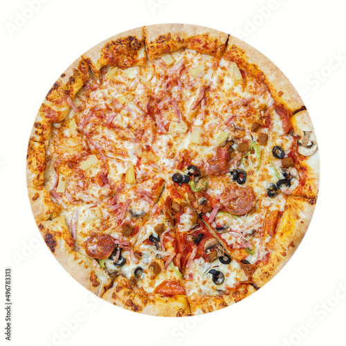 Hawaiian Pizza isolated on a white background. Pizza with meat, ham, pepper and pineapple. Top view.