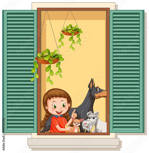 View through the window of girl cartoon character
