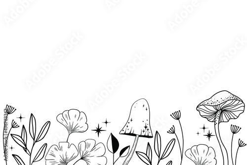 Frame Magic mushrooms. Vector space the mushrooms. Minimalistic objects made in the style of one line. Tattoo design, trendy romance symbol for your use.