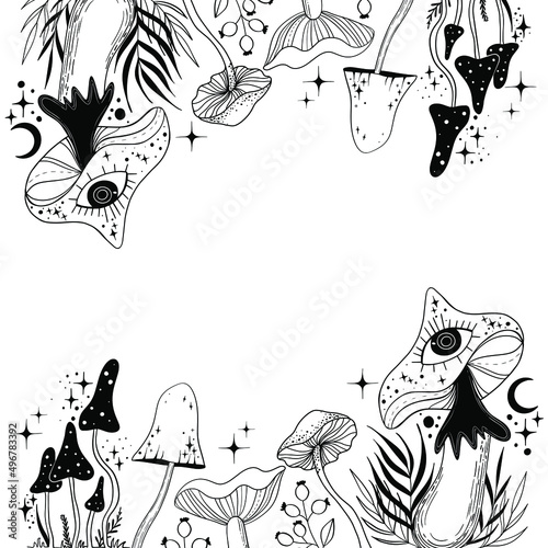 Celestial Mystical boho mushrooms, magic mushroom with moon and stars, witchcraft symbol, witchy esoteric objects, floral mystical elements fungi, fungus. Witchy tattoos. Esoteric clipart