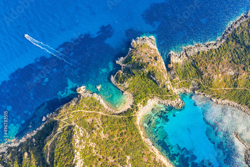Corfu Island iconic image. Aerial drone view of Porto Timoni beach in Corfu. Ionian sea, Greece.