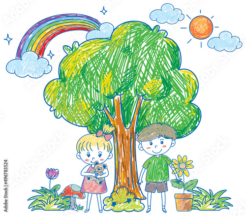 Coloured hand drawn tree and kids