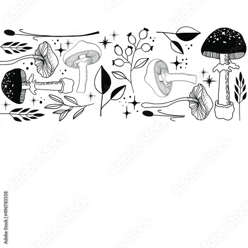 Celestial Mystical boho mushrooms, magic mushroom with moon and stars, witchcraft symbol, witchy esoteric objects, floral mystical elements fungi, fungus. Witchy tattoos. Esoteric clipart