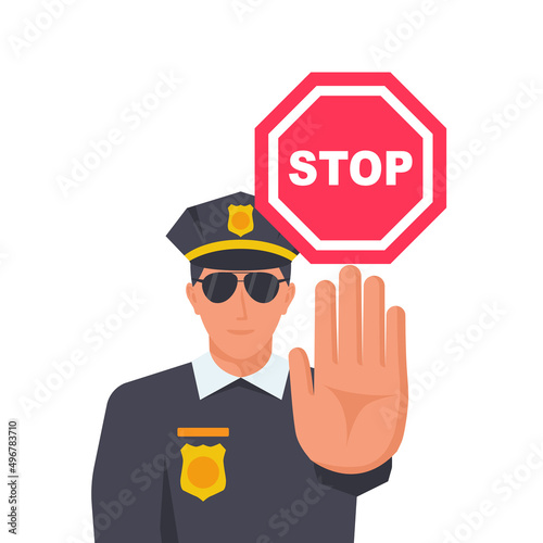 A policeman in the form makes the hand sign Stop. Control, personal verification. Gesture with hand Stop. Vector illustration flat design. Isolated on white background.