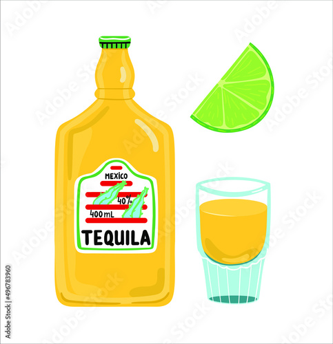 Cartoon tequila bottle with tequila shot and a slice of lime. Traditional Mexican drink. Cartoon Vector illustration isolated on a white background.