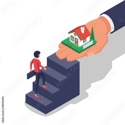 Woman invests in housing. Payment for the house. Money ladder as a metaphor. Purchase of an apartment. Buying a property. Vector illustration isometric design style. Template for sale, rental home.
