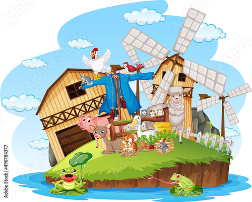 Farm scene with many animals