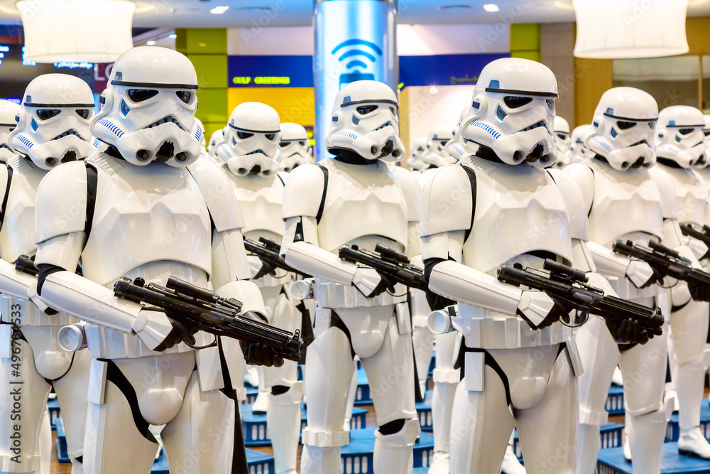 Fototapeta premium Dubai, United Arab Emirates - August, 2019: Stormtroopers from Star Wars movies in Dubai mall, Burj Khalifa in United Arab Emirates.