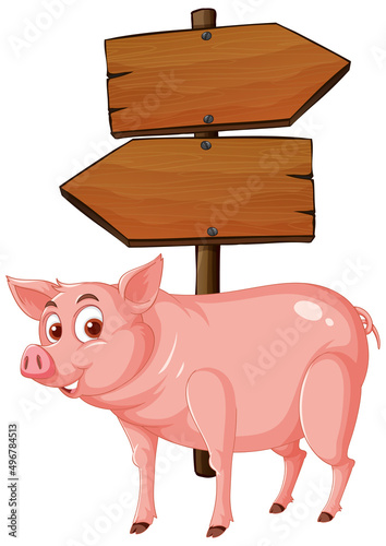 Isolated wooden signpost banner with pig