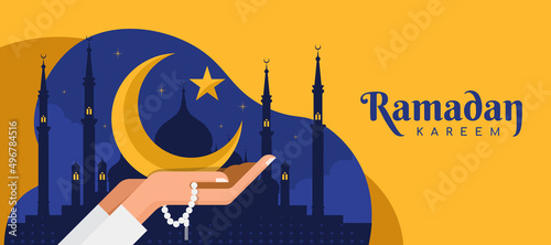 Ramadan kareem - Praying Human Hands hold bead and Moon, Star Ramadan symbol in night time vector design