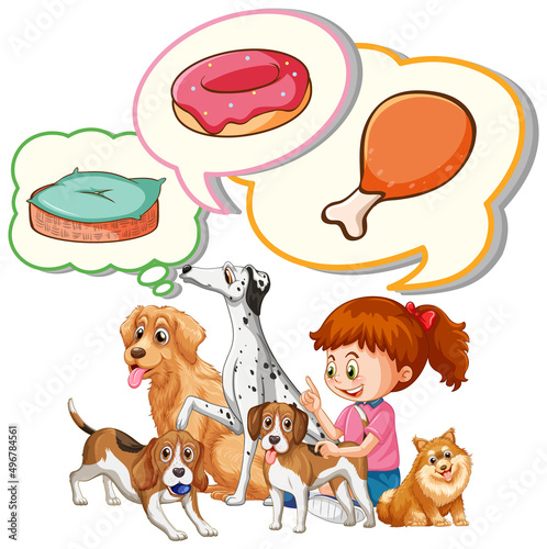 Girl and many dogs with thought bubbles