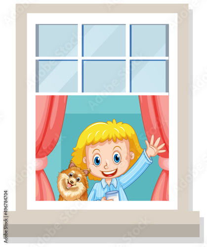 View through the window of girl cartoon character
