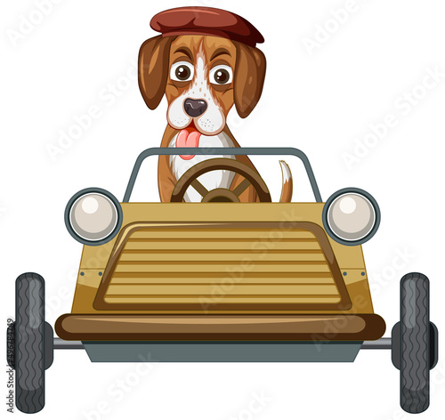 Funny dog cartoon character driving car on white background