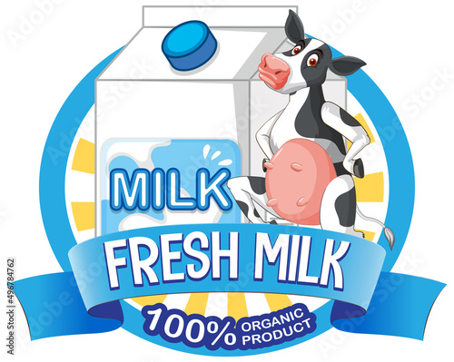 Cartoon cow with fresh milk label