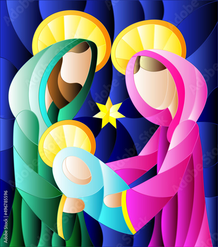 Illustration in stained glass style on biblical theme, Jesus baby with Mary and Joseph, abstract figures on blue background, rectangular image