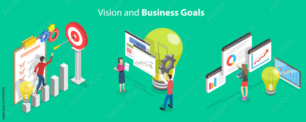 3D Isometric Flat Vector Conceptual Illustration of Vision And Business Goals, Looking for Opportunities 3D Isometric Flat Vector Conceptual Illustration of Vision And Business Goals, Looking for Opportunities