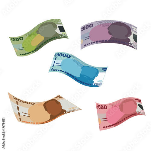 Chilean Peso Vector Illustration. Chile money set bundle banknotes. Falling, flying money 1000, 2000, 5000, 10000, 20000 CLP. Flat style. Isolated on white background. Simple minimal design.