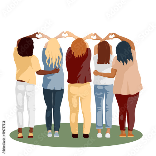 Multinational group of women make a heart out of hands