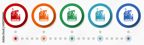 Music, piano concept vector icon set, infographic template, flat design colorful web buttons in 5 color options