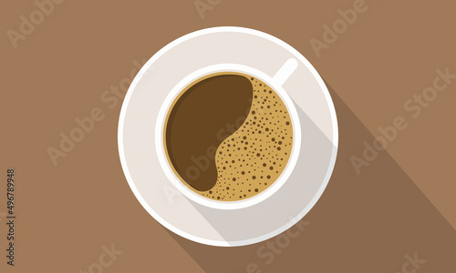 Cup coffee top view with shadow. Coffee with foam. Vector background.