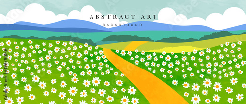 Abstract watercolor landscape background. Nature wallpaper of white daisy field, road, mountain, sky and cloud panoramic view of blossom daisy meadow suitable for cover, banner, wall art, decoration.