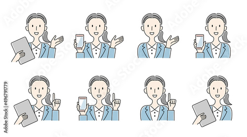 手描き風・スマートフォンやタブレットを持って案内をする女性のベクターイラストセット