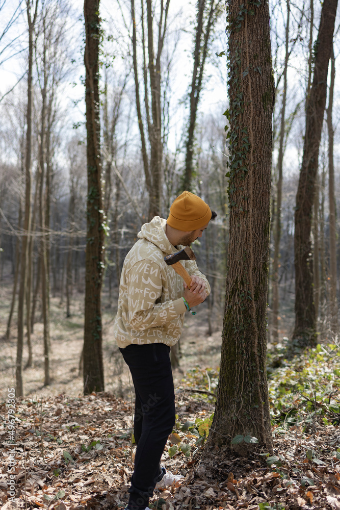 Young man preparing to chop down a tree with an old double blade axe. Strong lumberjack. Forest background. Vertical photo. Young man preparing to chop down a tree with an old double blade axe. Strong lumberjack. Forest background. Vertical photo.
