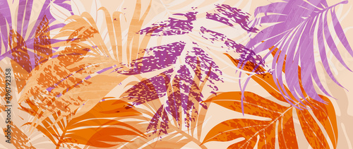 Abstract foliage and botanical background. Colorful tropical wallpaper of palm, monstera leaves, branch and jungle. Exotic plants in summer on pink background for banner, prints, decor, wall art.