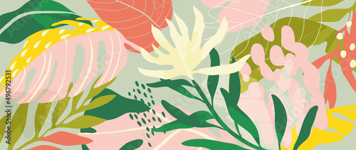 Abstract foliage and botanical background. Colorful tropical wallpaper of palm, monstera leaves, branch and jungle. Exotic plants in summer on pink background for banner, prints, decor, wall art.