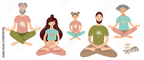 Yoga family. Mom, dad, daughter, grandparents sit in the lotus position and meditate, the cat lies nearby. Isolated vector illustration on a white background.